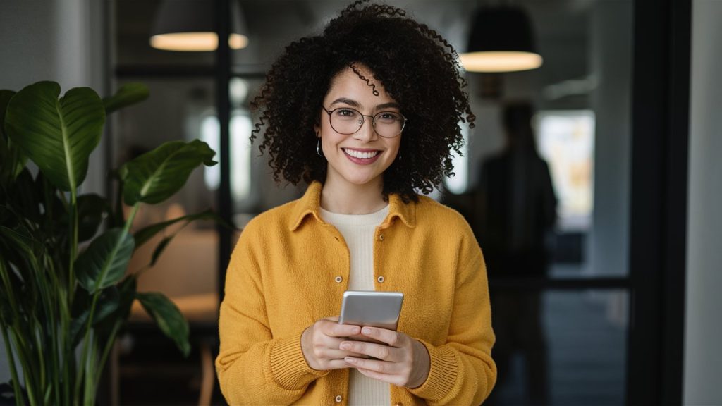 woman reading newsletter on her phone